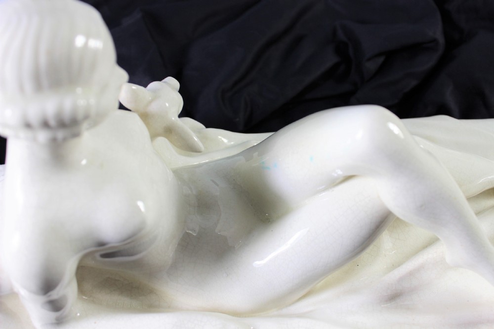 Francois art deco craquele ceramic of a girl and fawn, c.1930 View V