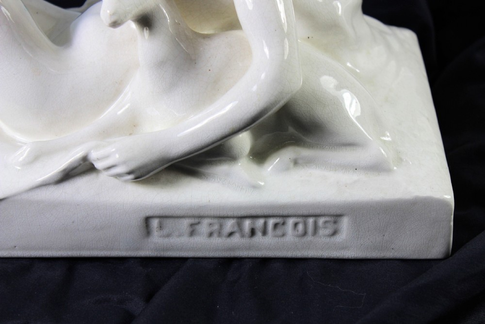 Francois art deco craquele ceramic of a girl and fawn, c.1930 View VI