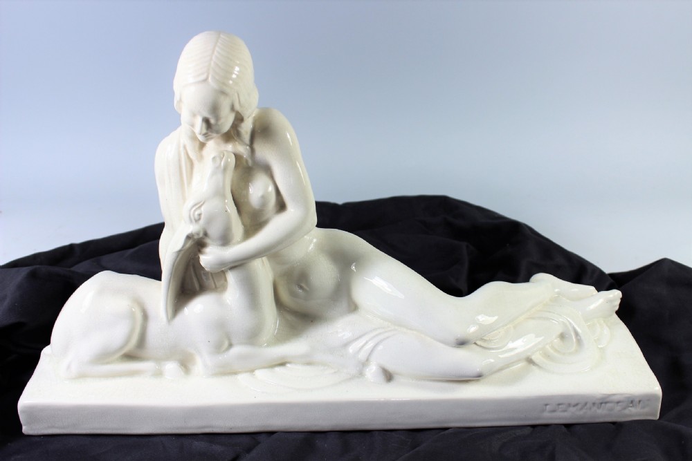 Charles Lemanceau French art deco craquele ceramic of a seated nude, c.1930