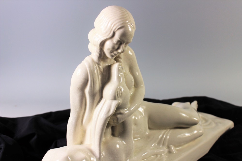 Charles Lemanceau French art deco craquele ceramic of a seated nude, c.1930 View V