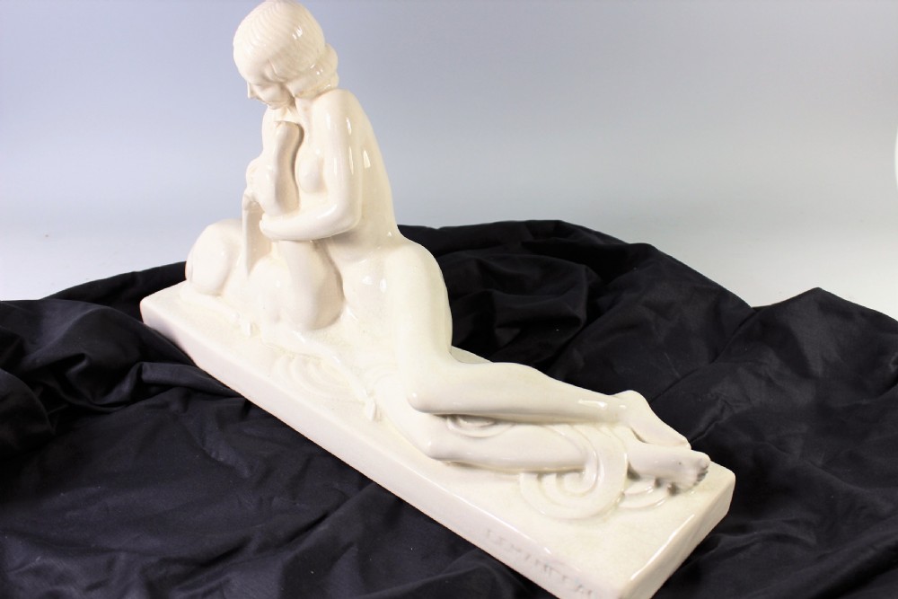 Charles Lemanceau French art deco craquele ceramic of a seated nude, c.1930 View VI