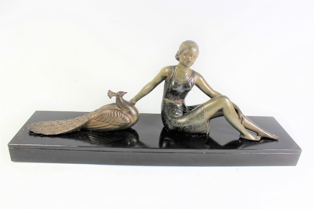 French Art deco Girl and Peacock c,1930