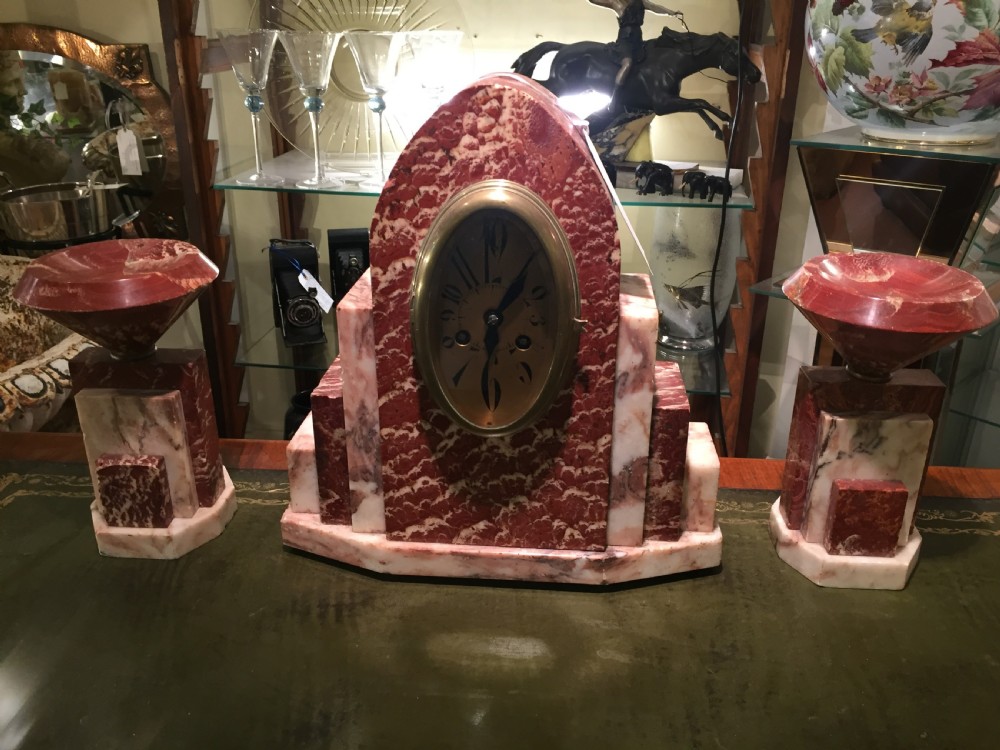 French Art Deco Mantle Clock in Rose Marble c.1930 View II
