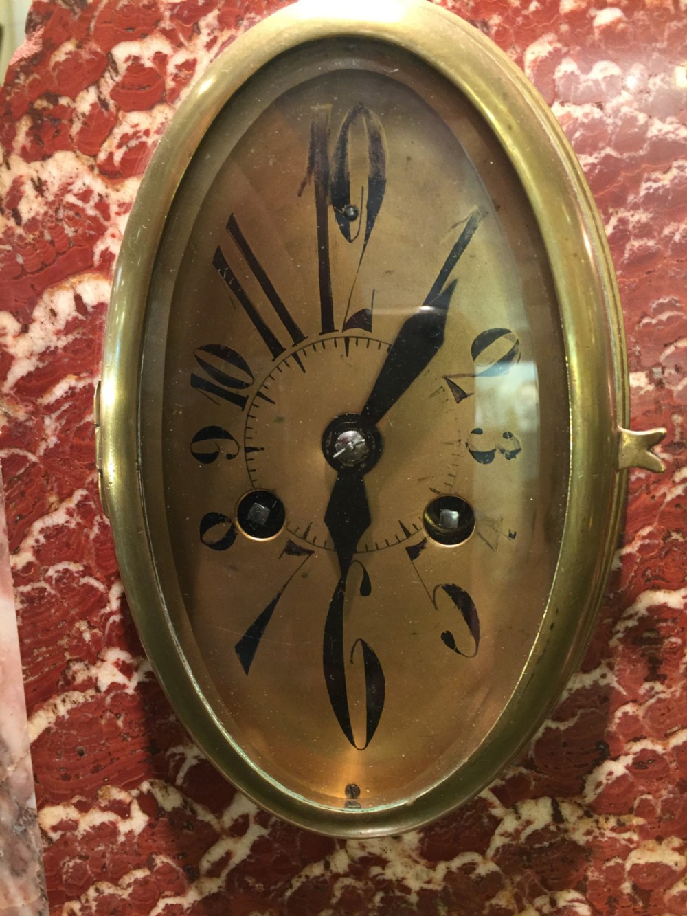 French Art Deco Mantle Clock in Rose Marble c.1930 View III