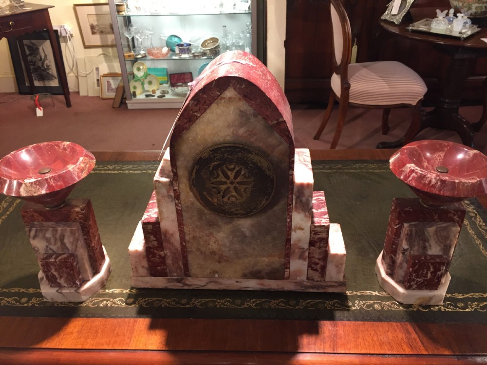 French Art Deco Mantle Clock in Rose Marble c.1930 View IV