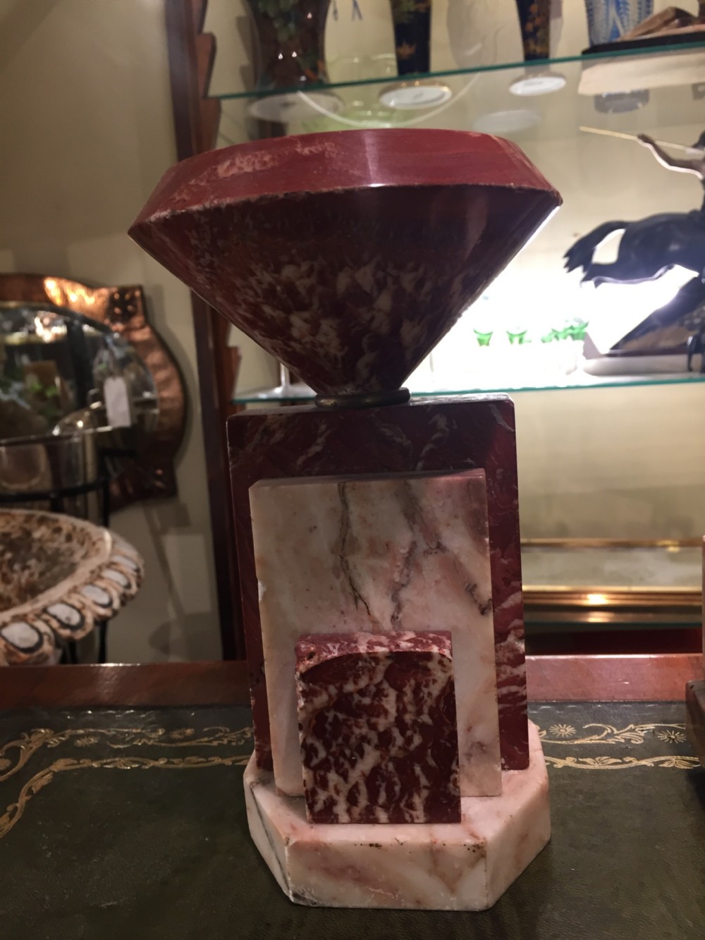 French Art Deco Mantle Clock in Rose Marble c.1930 View VI