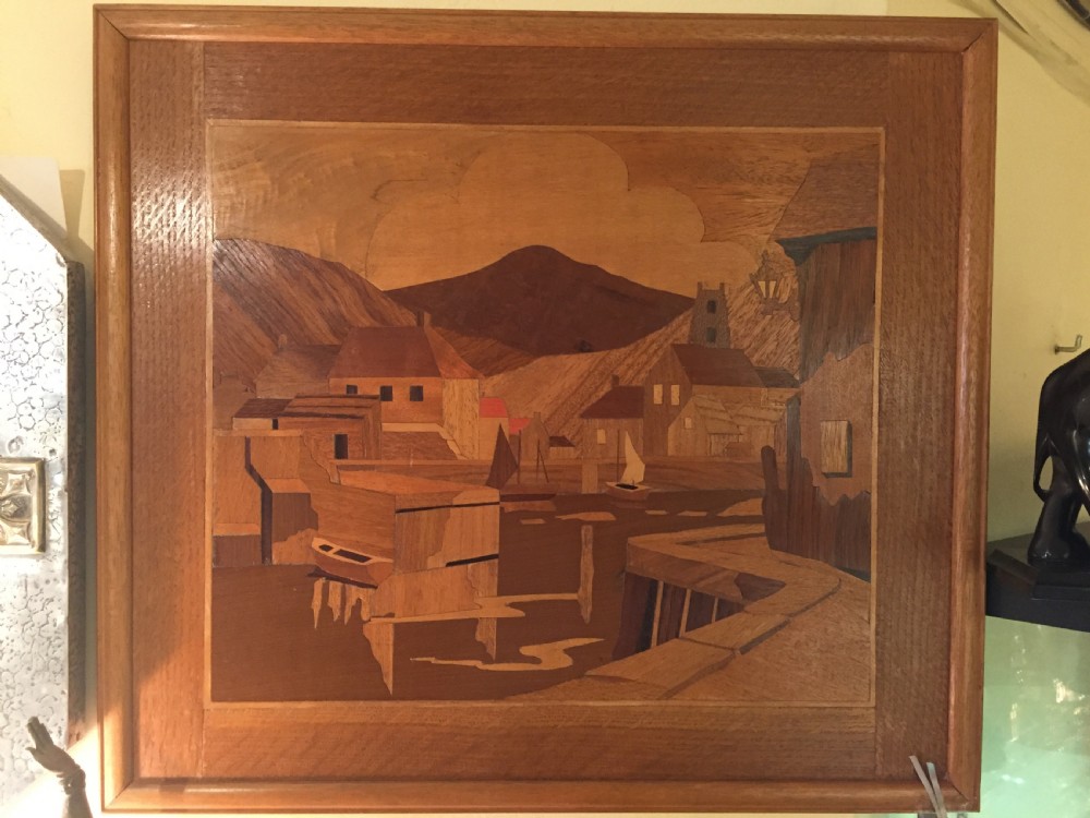 Art Deco Marquetry Wooden Panel of Harbour Scene c.1930