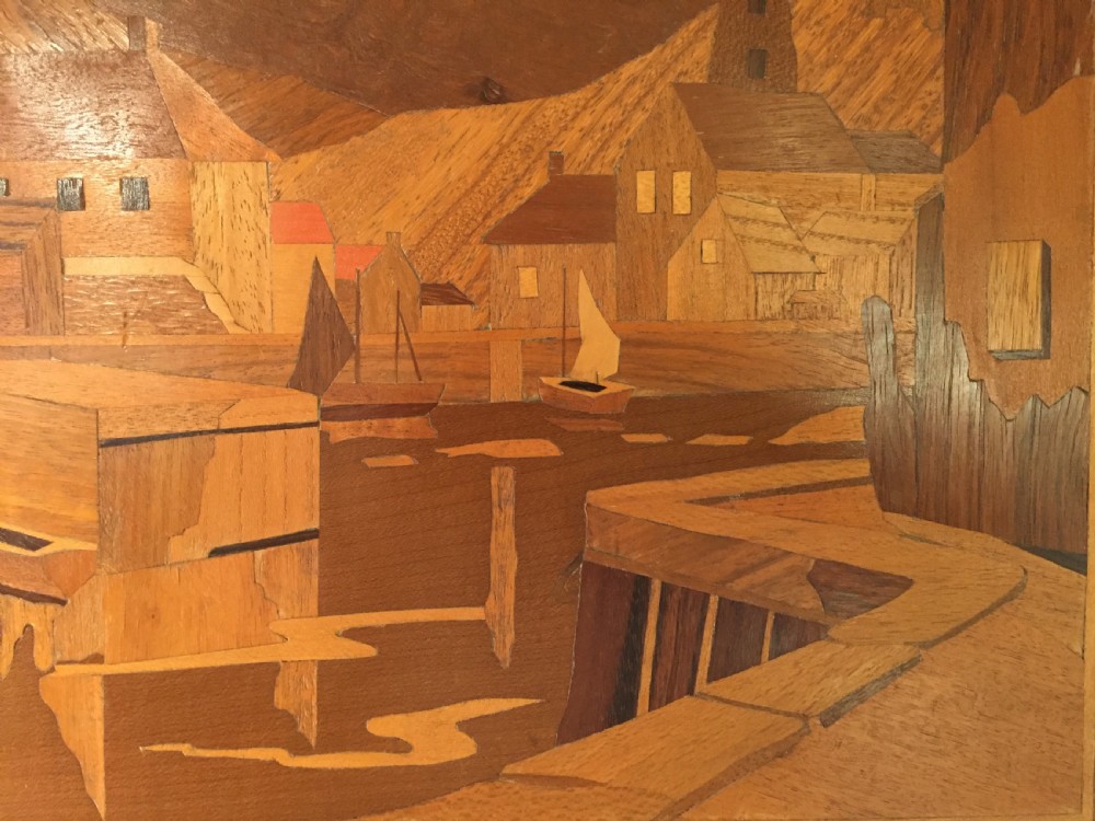 Art Deco Marquetry Wooden Panel of Harbour Scene c.1930 View IV