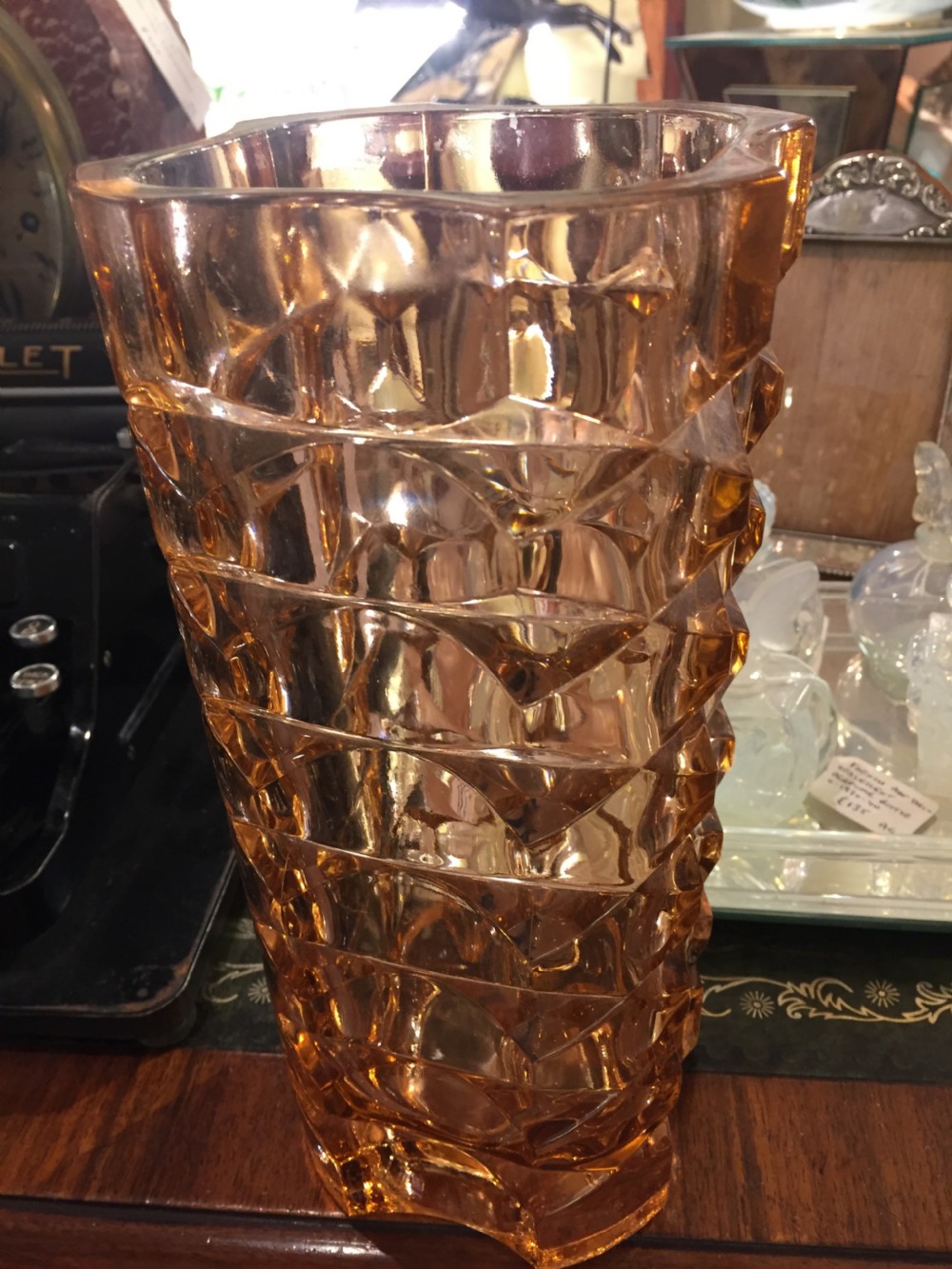 French Art Deco Amber Coloured Geometric Vase c.1930 View III