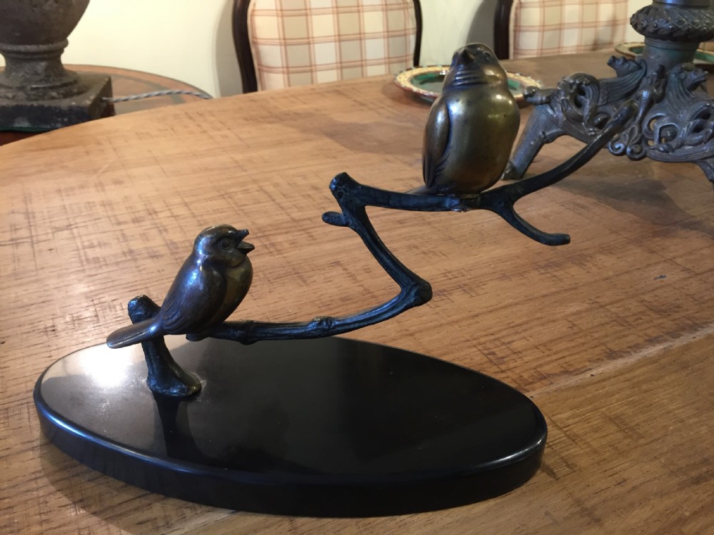 Pair of French Art Deco Bronze Songbirds Resting on a Branch c.1920