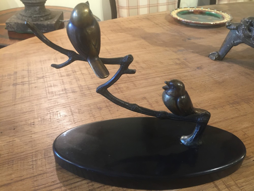 Pair of French Art Deco Bronze Songbirds Resting on a Branch c.1920 View II