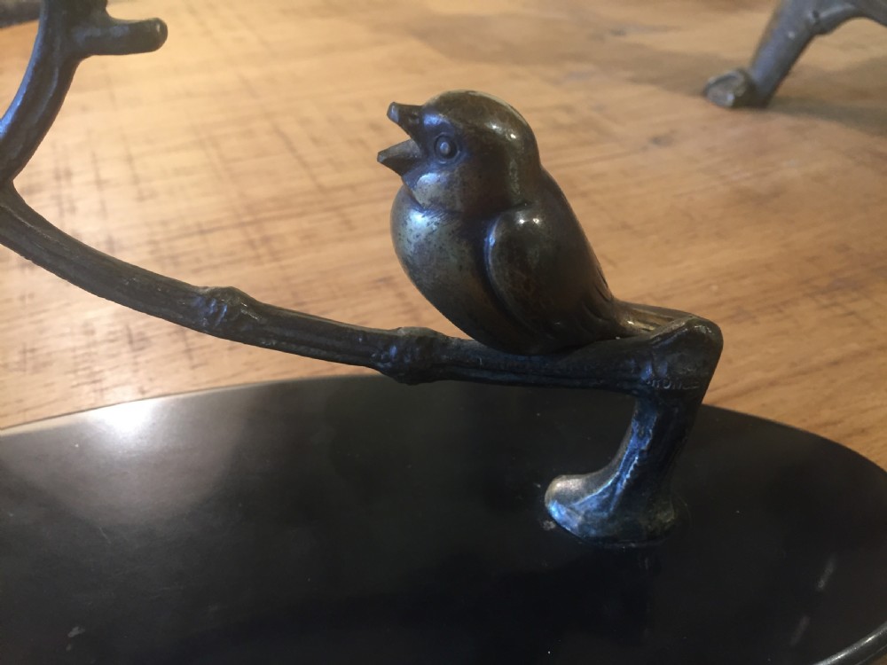 Pair of French Art Deco Bronze Songbirds Resting on a Branch c.1920 View III