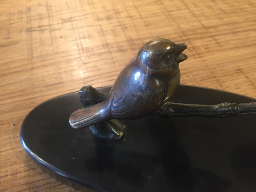 Pair of French Art Deco Bronze Songbirds Resting on a Branch c.1920 View IV