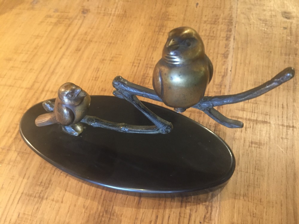 Pair of French Art Deco Bronze Songbirds Resting on a Branch c.1920 View V