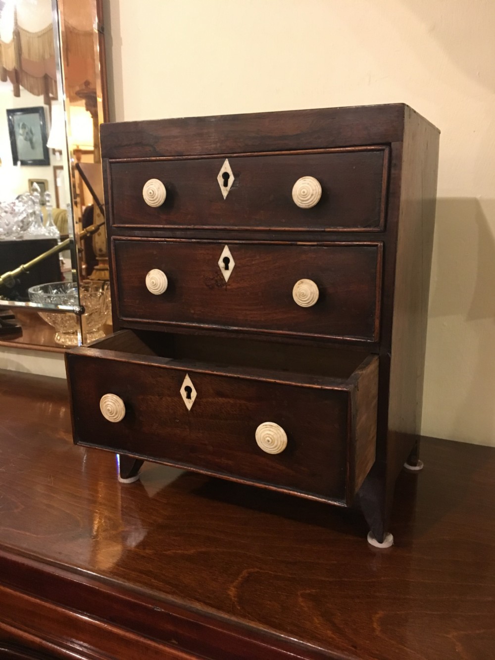 Miniature Mahogany Caddy Top Chest of Drawers c1800 View III
