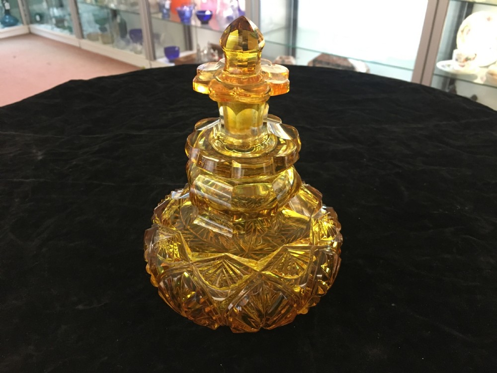 Large Amber Glass, Heavily Cut Scented Bottle