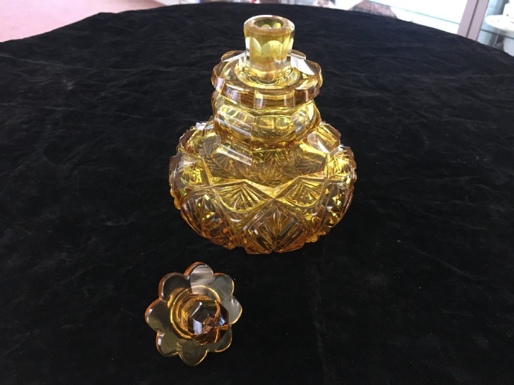 Large Amber Glass, Heavily Cut Scented Bottle View II