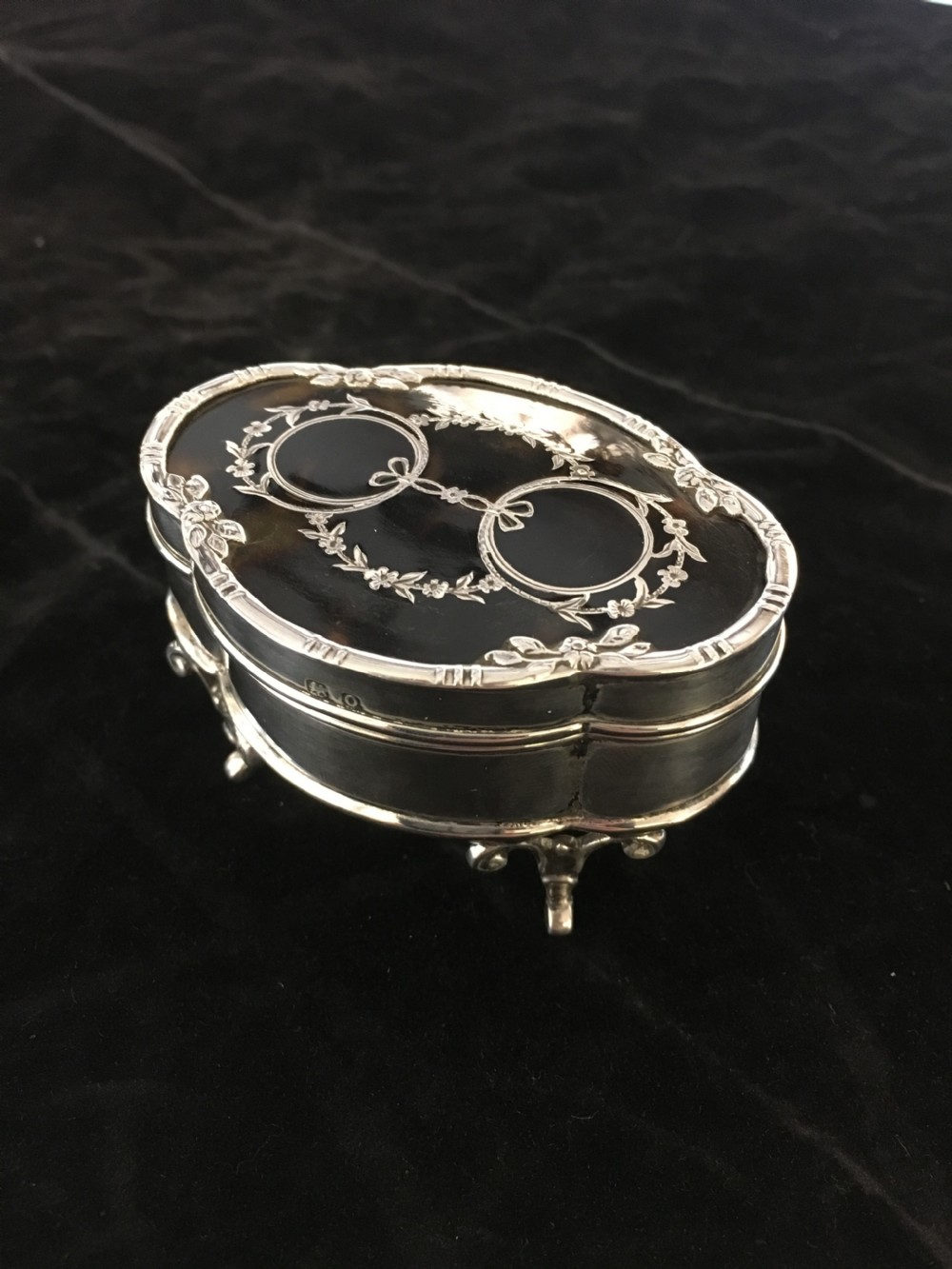 Silver Tri-Footed Box with Silver Inlay Tortoise Shell Lid 1913. 