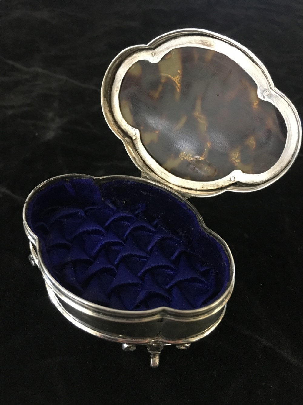 Silver Tri-Footed Box with Silver Inlay Tortoise Shell Lid 1913.  View II