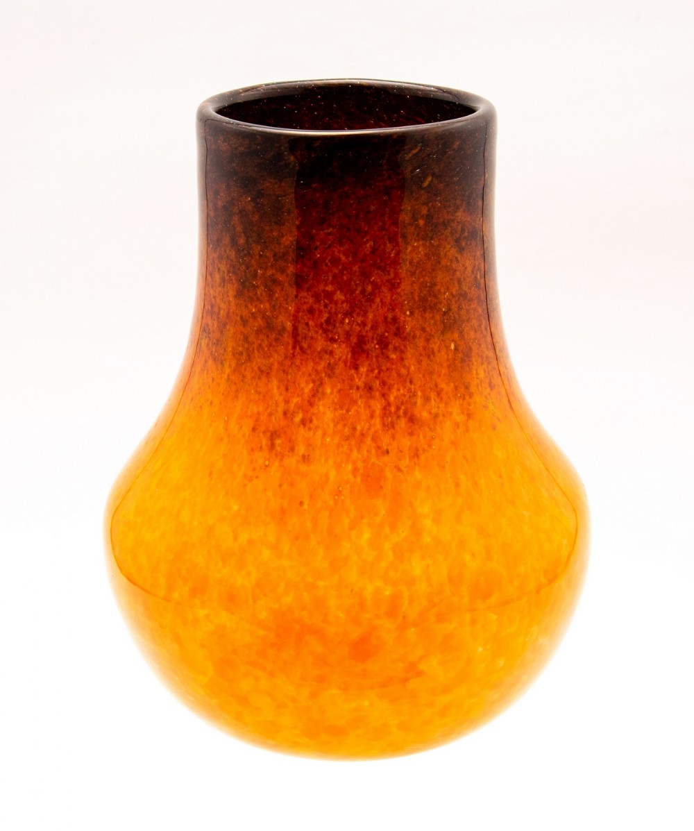 Monart art deco vase orange and black fleck rim c.1930