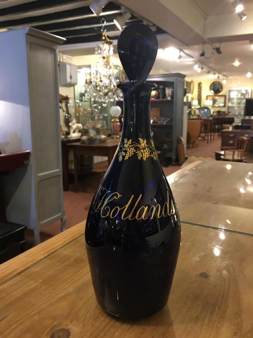 A Geo III Club Shape Bristol Blue Decanter Gilded Vine, Grape and Brandy c1800