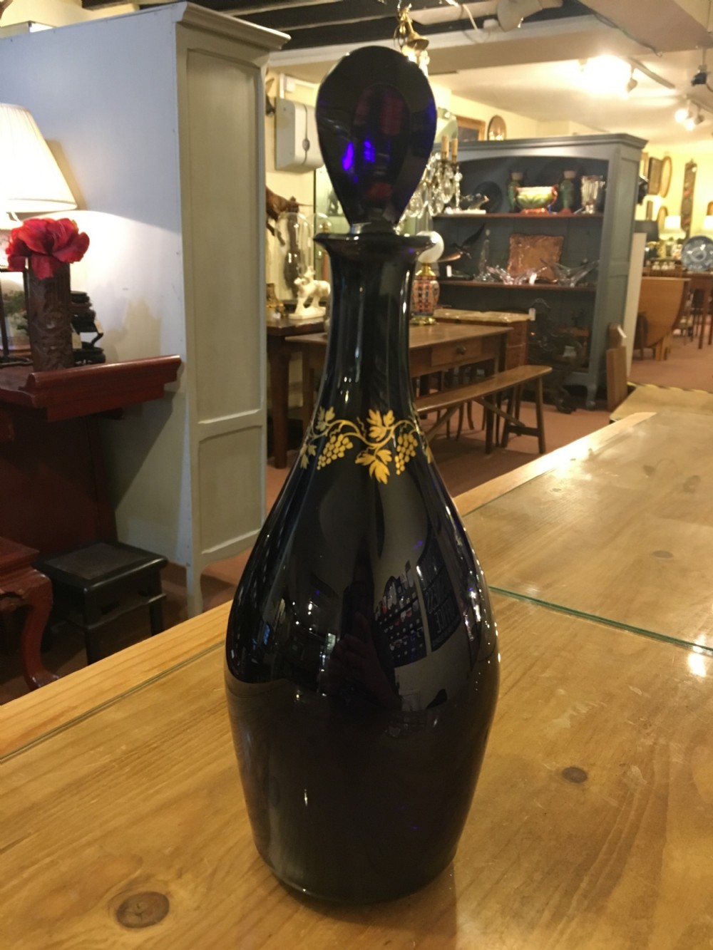 A Geo III Club Shape Bristol Blue Decanter Gilded Vine, Grape and Brandy c1800 View II