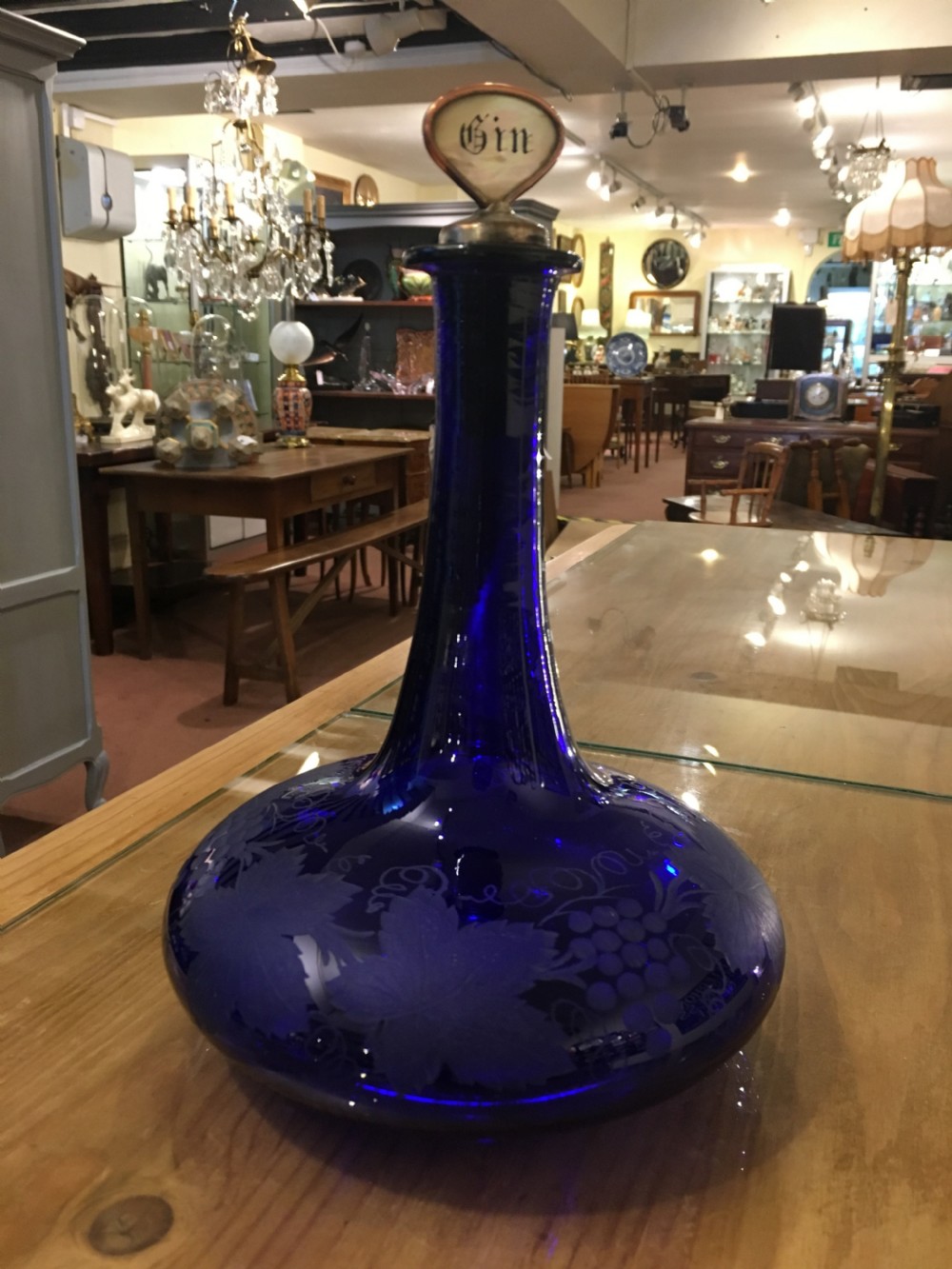 Bristol Blue Ships Decanter Shape, Vine and Grape Engraving c1825