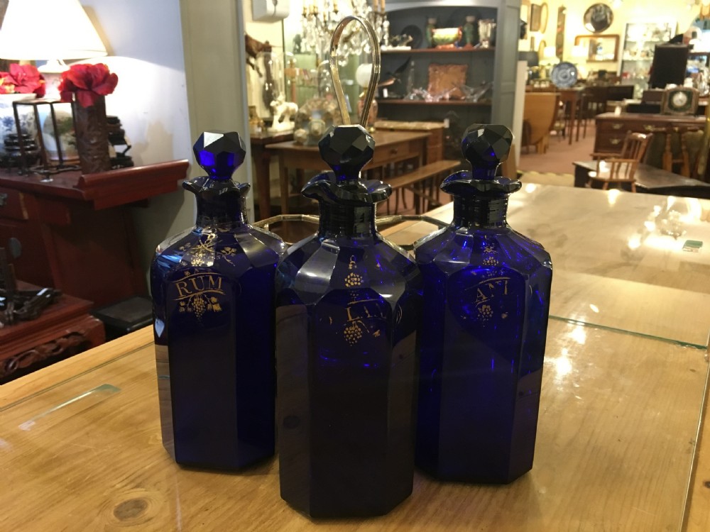 Set of 3 Bristol Blue Straight-sided Decanters View II