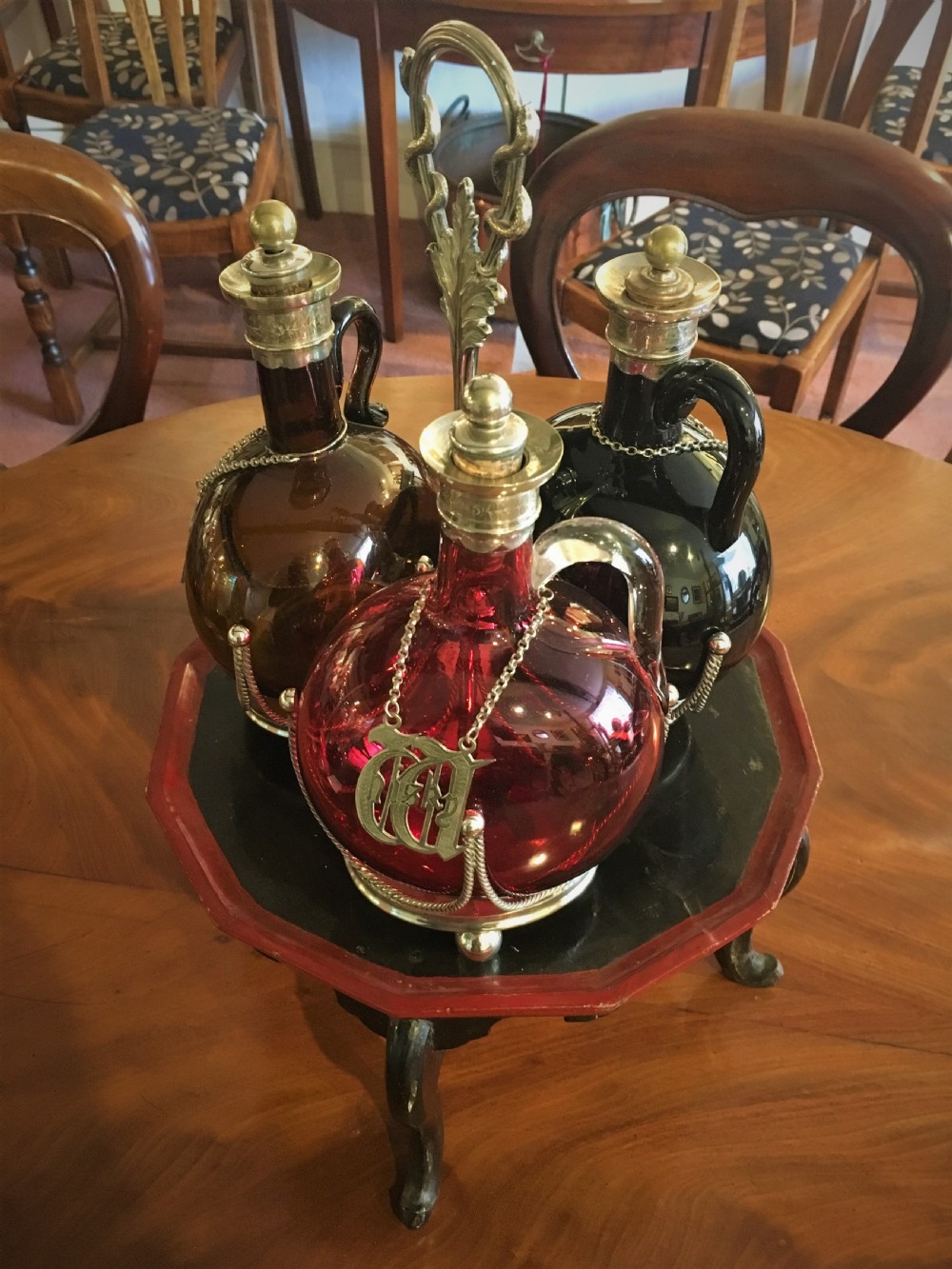 Set of 3 Coloured Glass Flagon/Decanters with Silver Plated Tops and Labels 19th Century