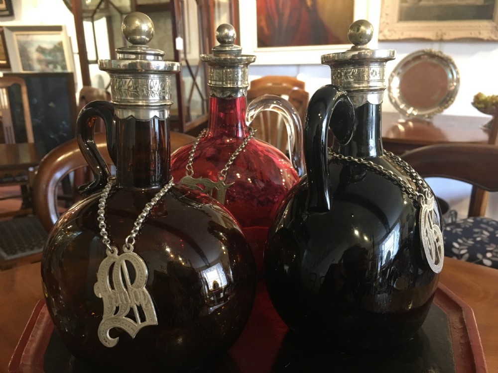 Set of 3 Coloured Glass Flagon/Decanters with Silver Plated Tops and Labels 19th Century View III