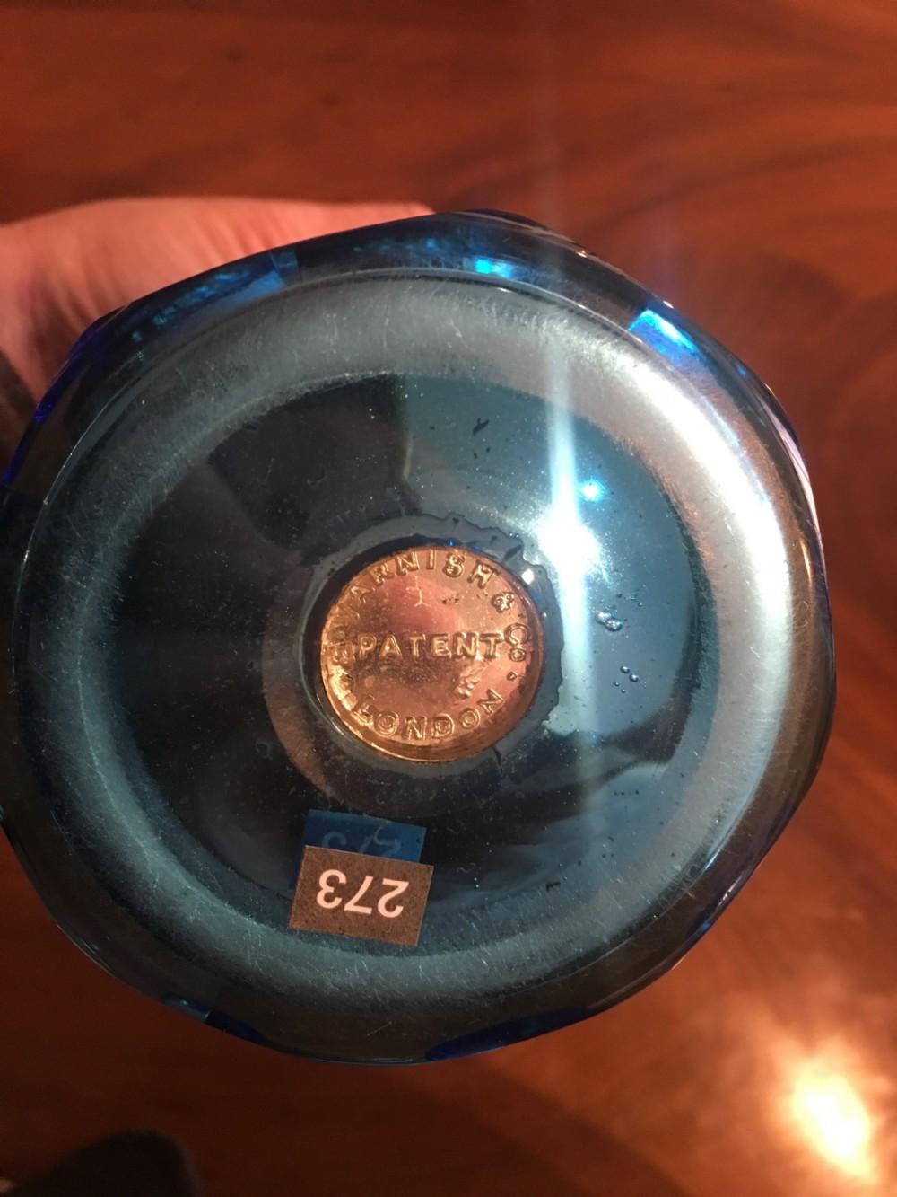 Varnish & Co. London Blue Goblet, Patent Button in base c1850 View III