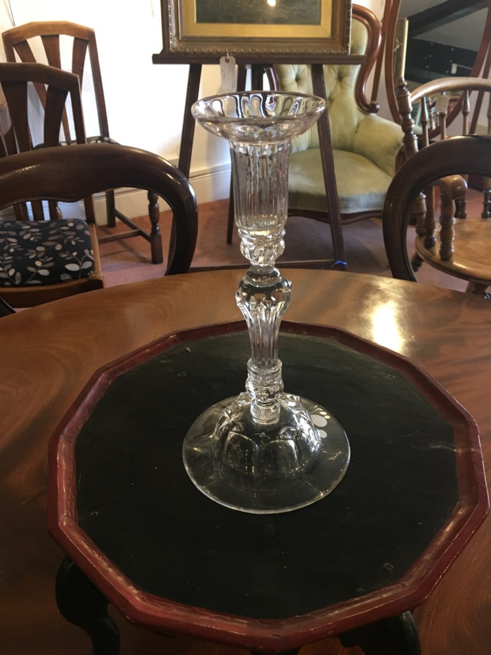 Tall Candle Stick with Rib Moulded Drip Pan Over a Beaded Knop & Collar c1740 View II