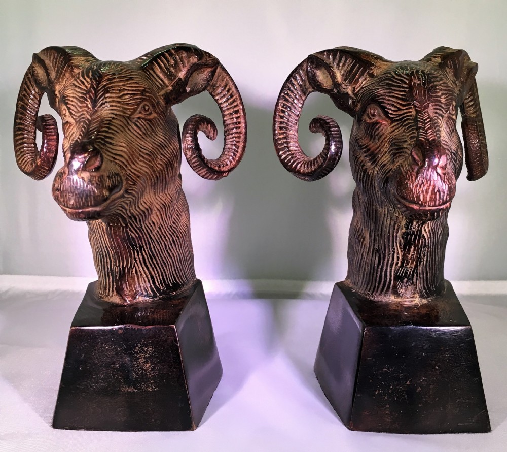 Pair of Patinated Bronze Rams Head Bookends Mid C20th