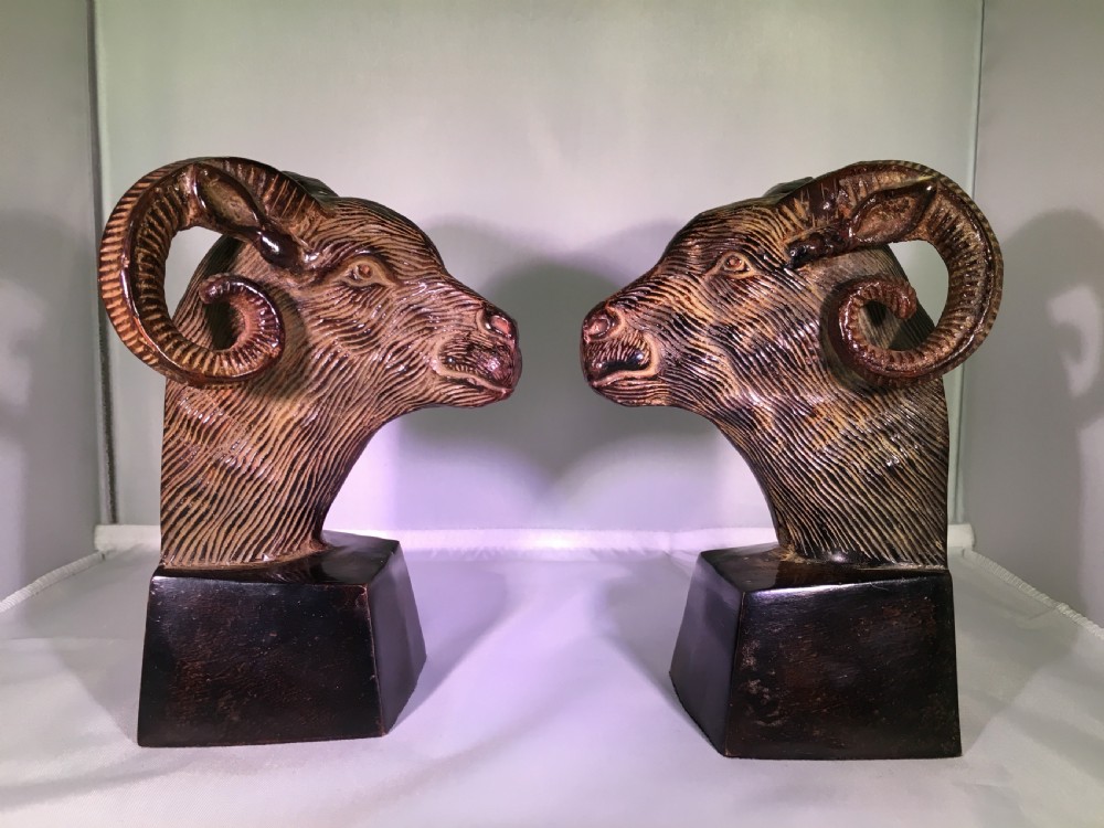 Pair of Patinated Bronze Rams Head Bookends Mid C20th View II