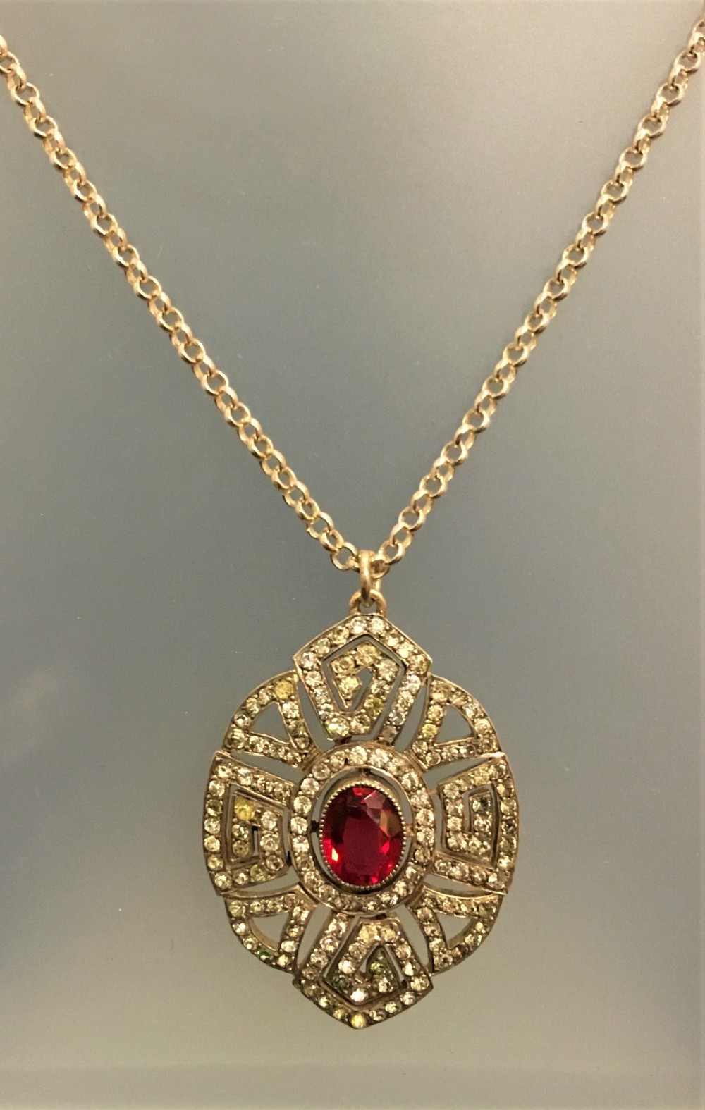 Art Deco Silver Backed Paste Pendant on Sterling Silver Chain c1920s