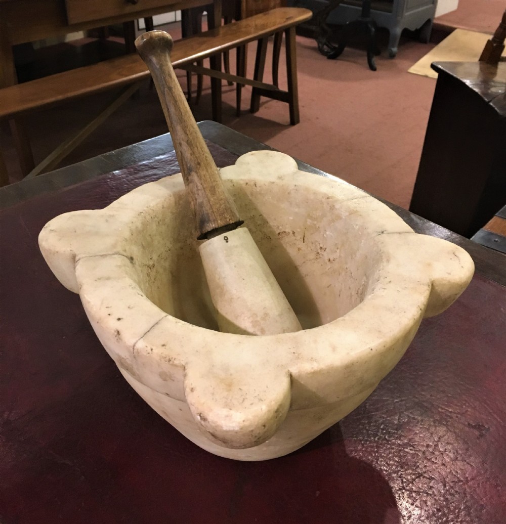 A Rare Antique C19th Soft White Italian Marble Mortar with a Victorian Pine Hafted Pestle View II