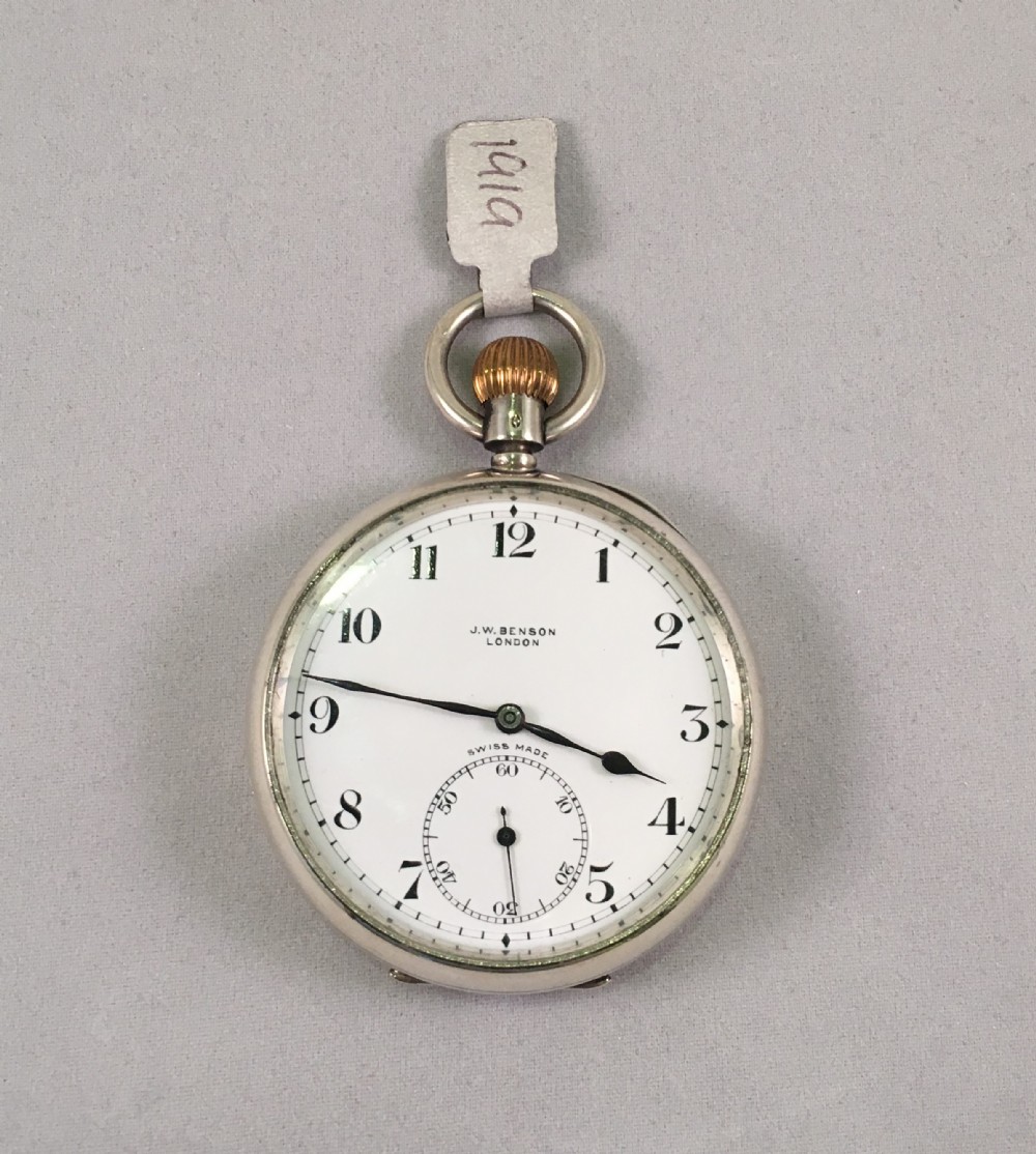 Silver J W Benson Watch 1919 Swiss 17 Jewel Movement - 2 Year Guarantee