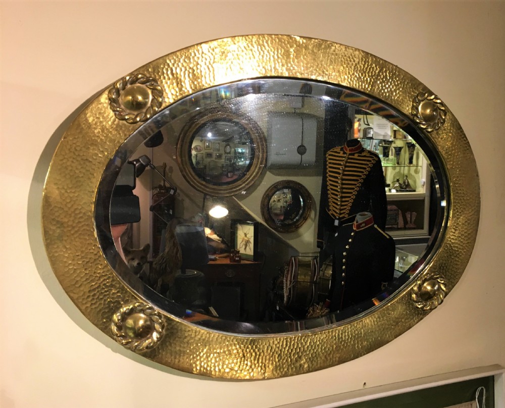 Arts & Crafts Oval Hammered Brass Mirror c1910