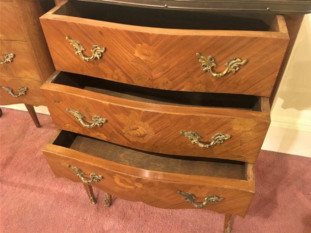 Pair of Walnut Veneer French Bedside Cabinets with Marble Tops and Galleries c1910 View II