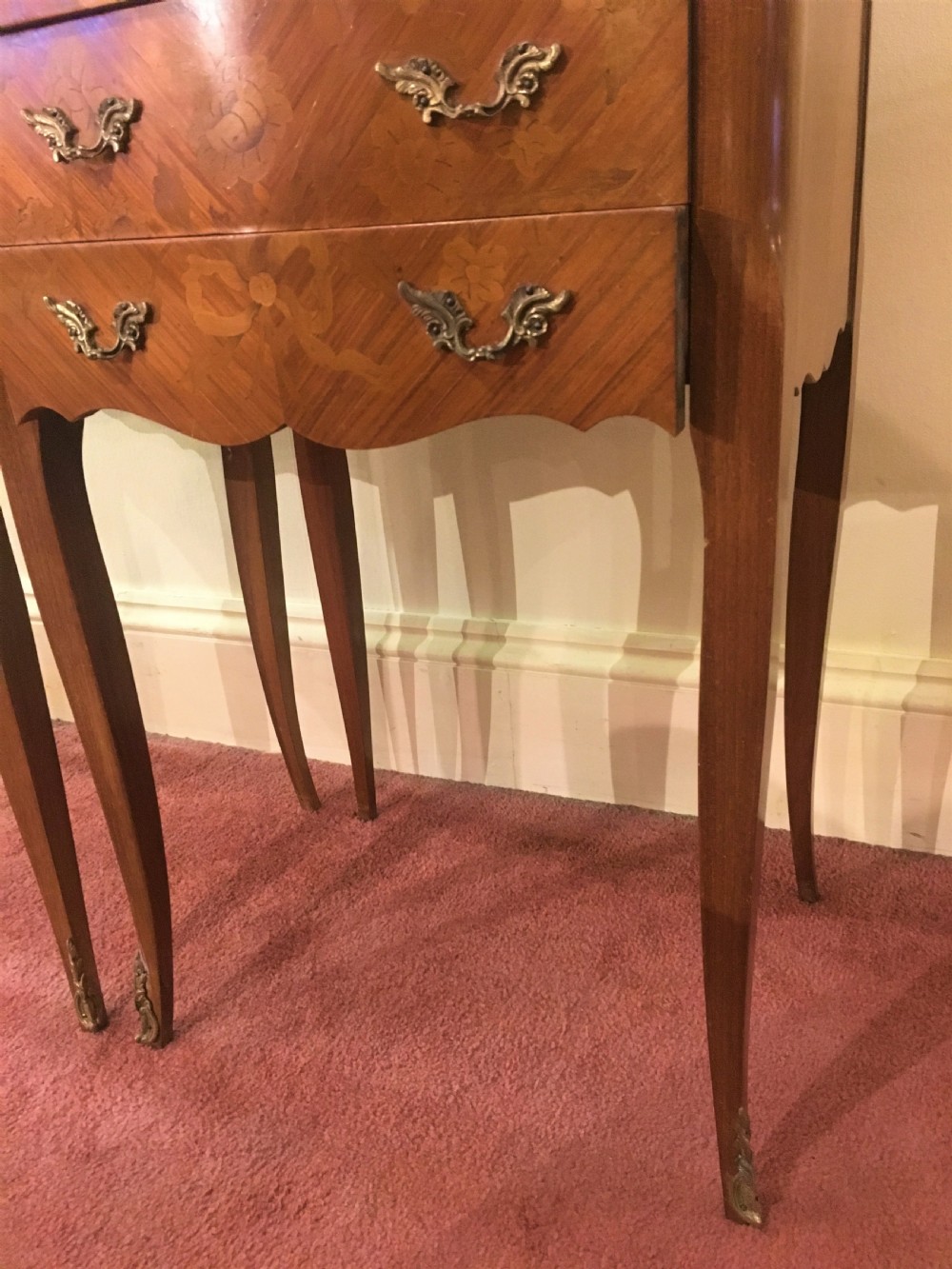 Pair of Walnut Veneer French Bedside Cabinets with Marble Tops and Galleries c1910 View IV