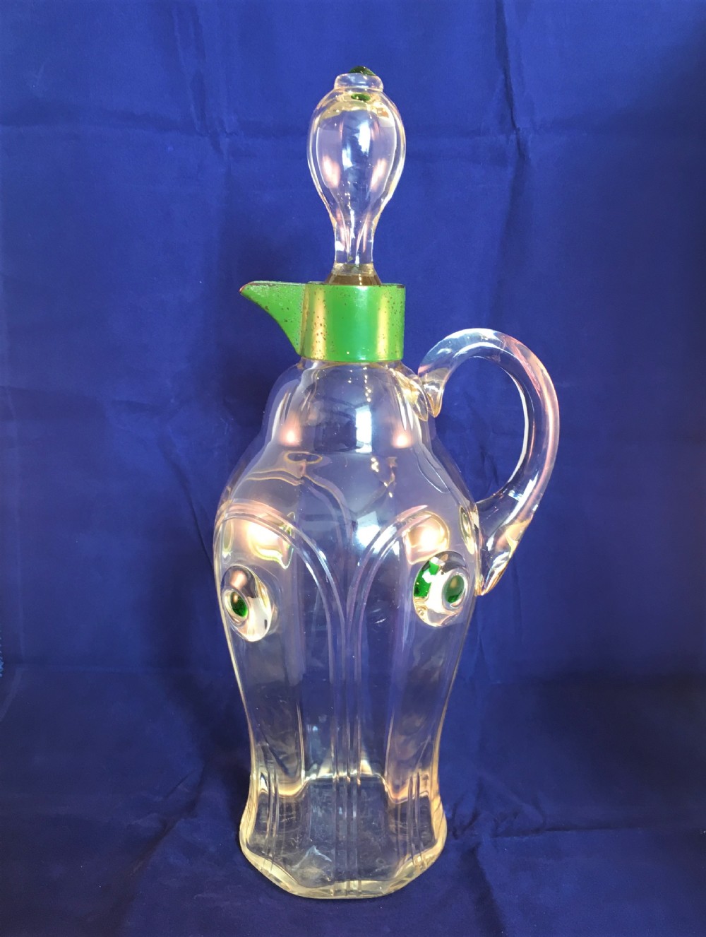Art Nouveau Handled Decanter with Applied Green Eyes & Arch Cutting c1895
