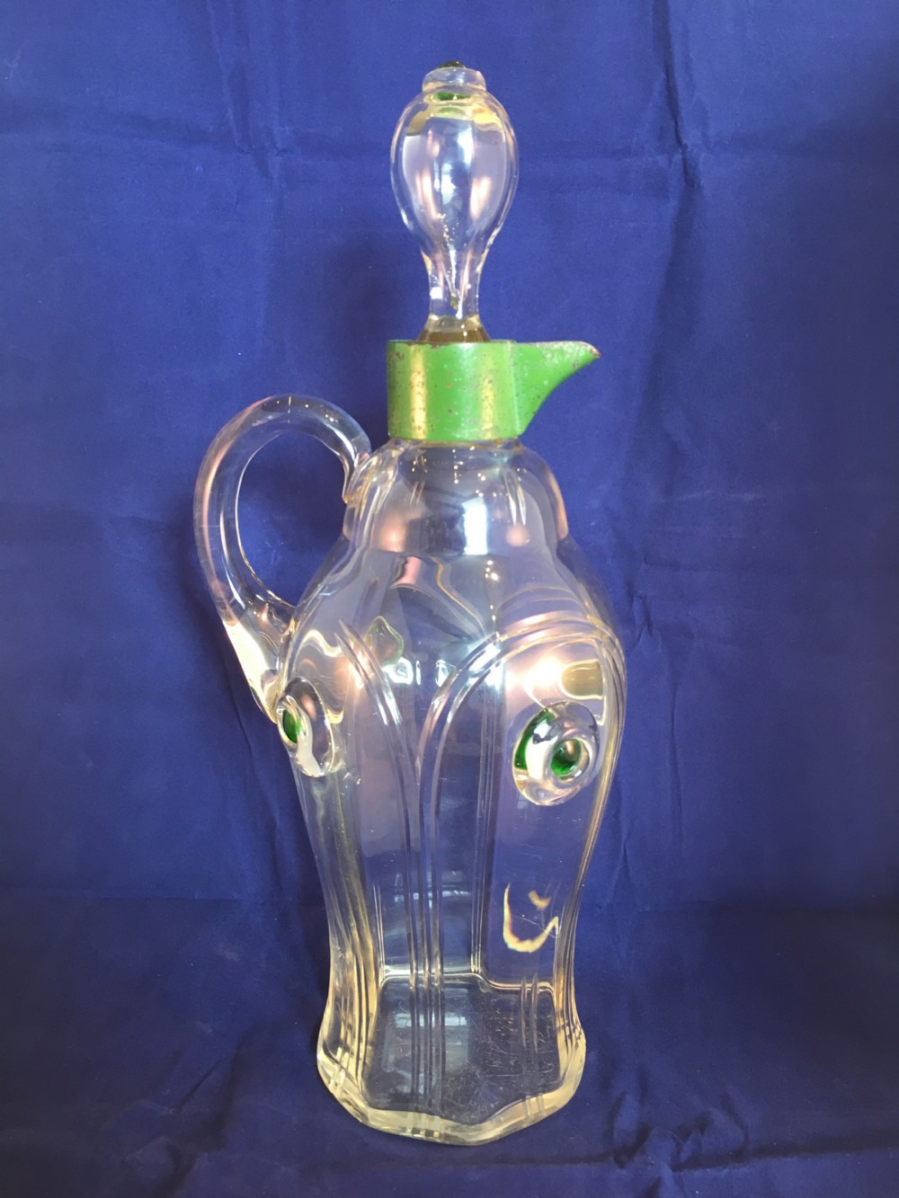 Art Nouveau Handled Decanter with Applied Green Eyes & Arch Cutting c1895 View II