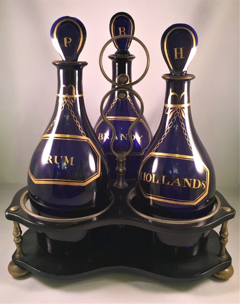 Set of Three Bristol Blue, Club Shape Decanters with Gilt Labels  c1810