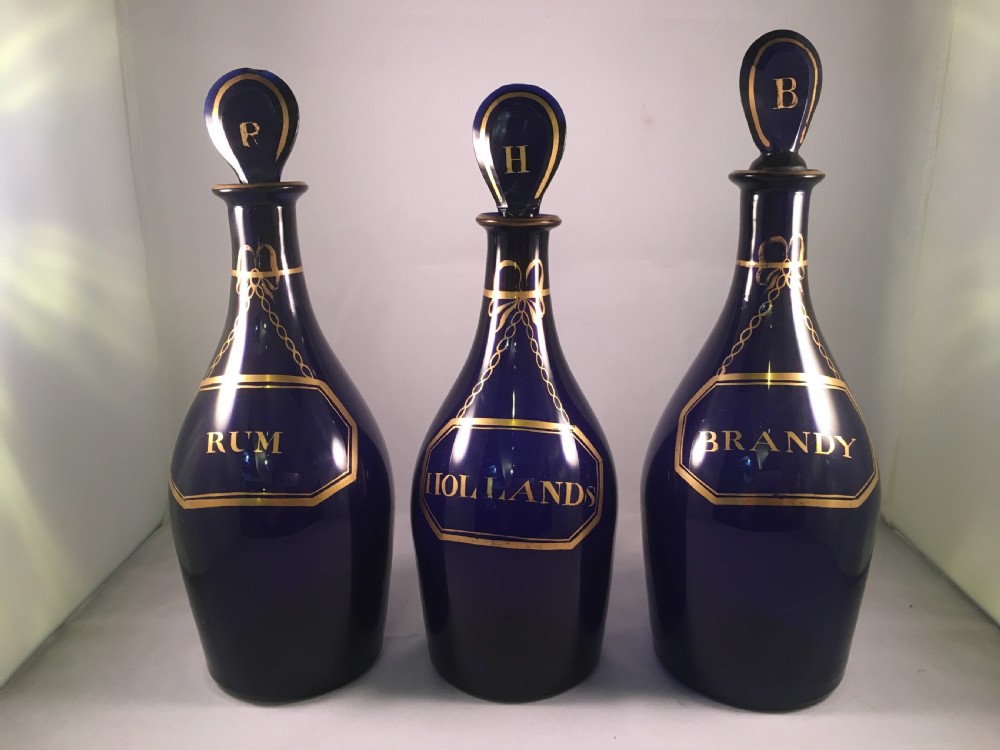 Set of Three Bristol Blue, Club Shape Decanters with Gilt Labels  c1810 View II