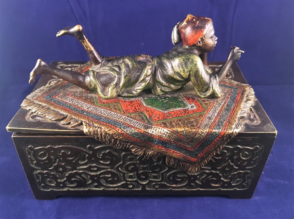 Austrian Cold Painted Bronze Table Casket with Arab Boy Reclining Upon an Exotic Carpet  c1900 View II
