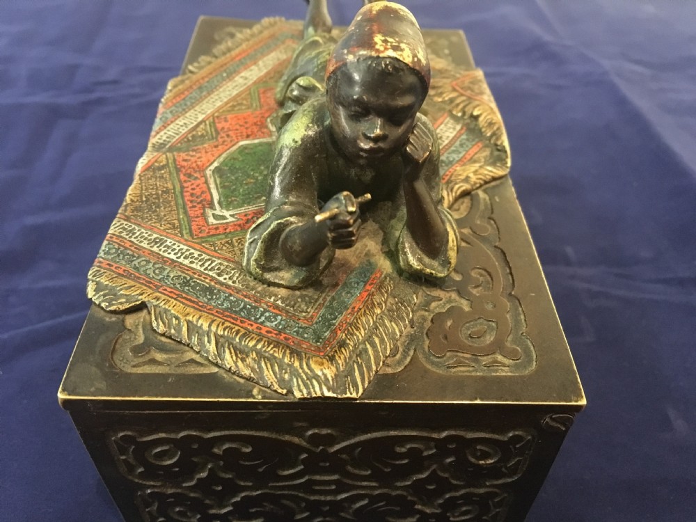 Austrian Cold Painted Bronze Table Casket with Arab Boy Reclining Upon an Exotic Carpet  c1900 View III
