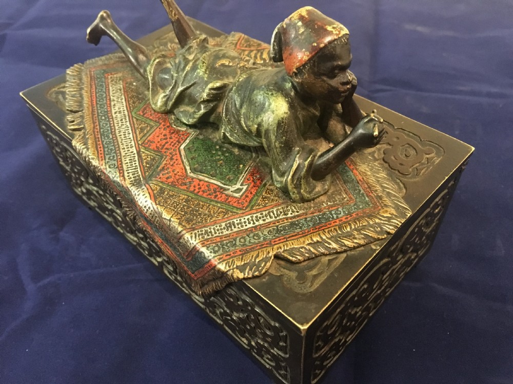 Austrian Cold Painted Bronze Table Casket with Arab Boy Reclining Upon an Exotic Carpet  c1900 View IV