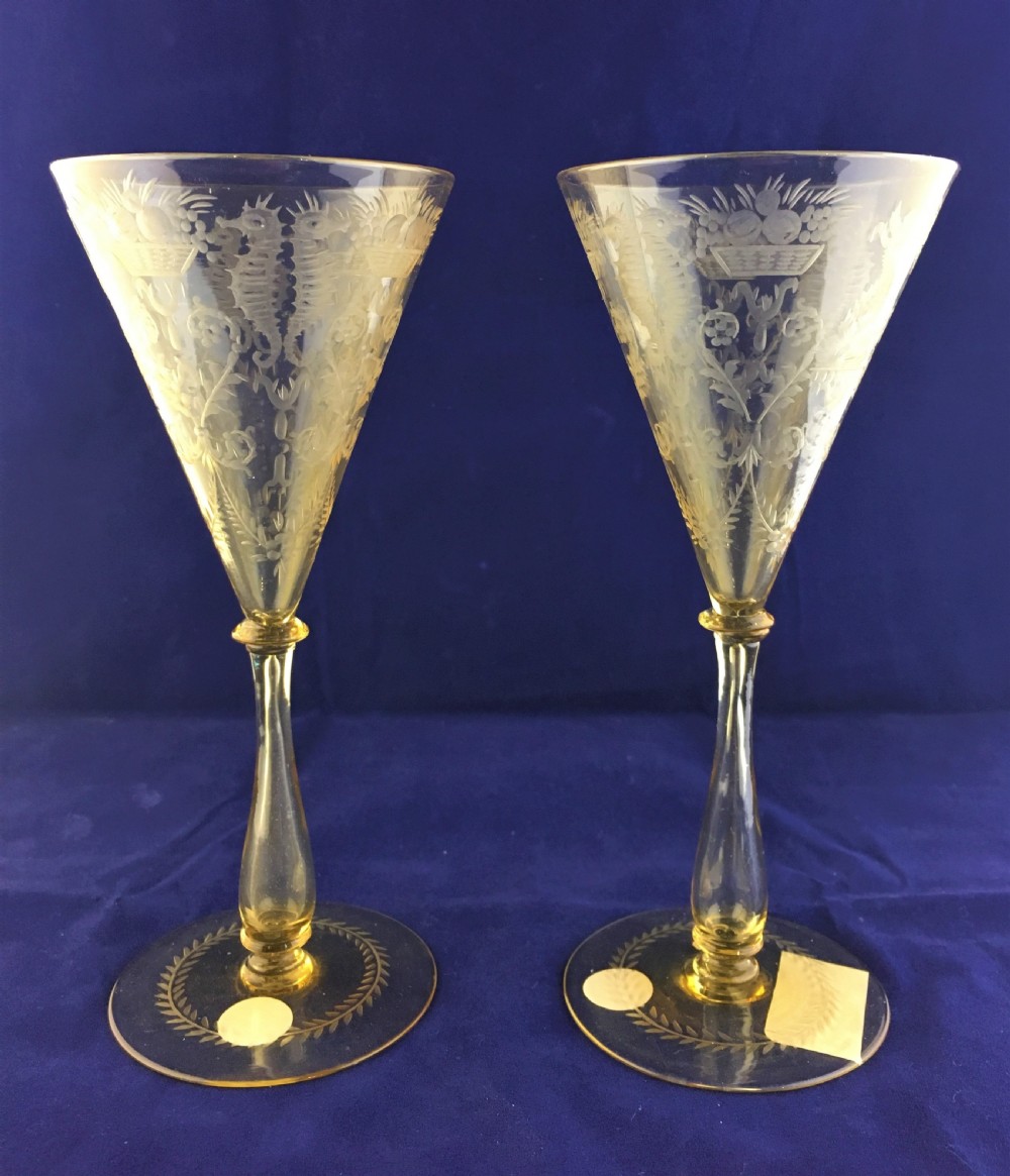 C.VM Venetian Engraved Amber Coloured Funnel Bowl Wine Glasses c1890