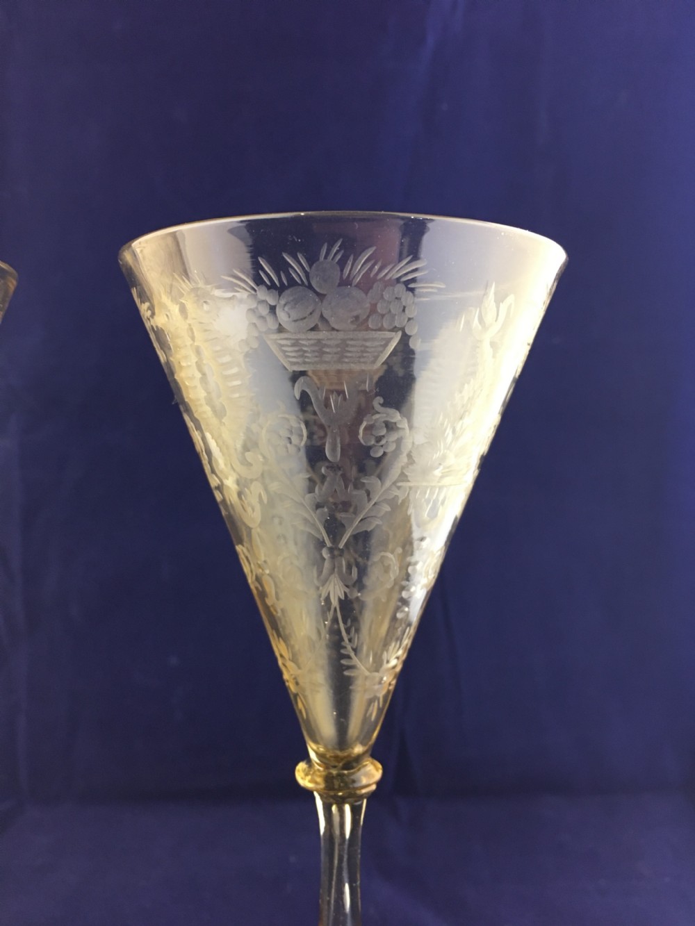 C.VM Venetian Engraved Amber Coloured Funnel Bowl Wine Glasses c1890 View II