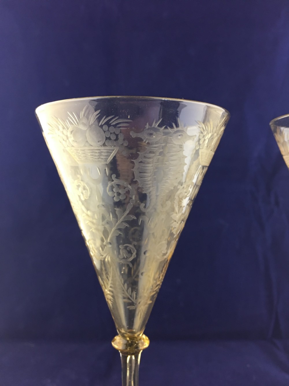 C.VM Venetian Engraved Amber Coloured Funnel Bowl Wine Glasses c1890 View III